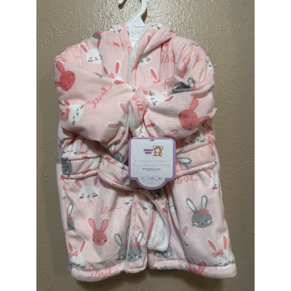 Baby Girls Sherpa-Lined Faux‎ Mink Bath Robe, Pink & White Bunnies 0-18 Months